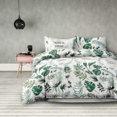 Decoking Kokvilnas gultas veļa 160x200 Averi Botanique Tropical Dream baltas zaļas monsteras palmu lapas