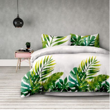 Decoking Kokvilnas gultasveļa 160x200 Averi Makia Tropical Dream baltas zaļas monsteras palmu lapas