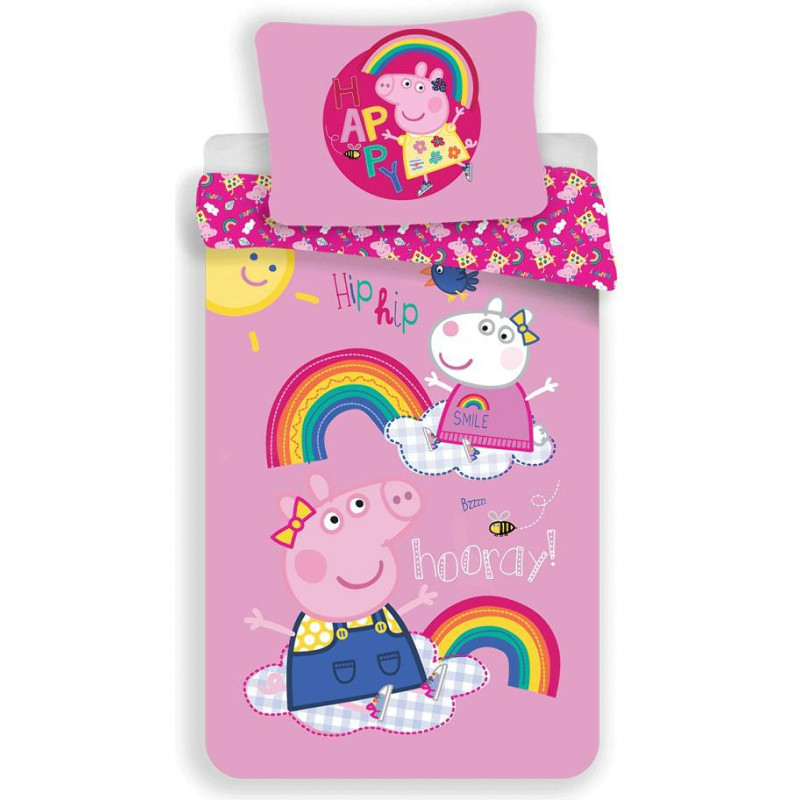 Kokvilnas gultas veļa 140x200 Peppa Pig happy smile 0254 rozā spilvendrāna 70x90
