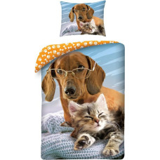 Kokvilnas gultasveļa 140x200 Dog Cat 6145 Taksis ar brillēm kaķēnu džemperis Kaķu un suņu draugu spilvendrāna 70x90