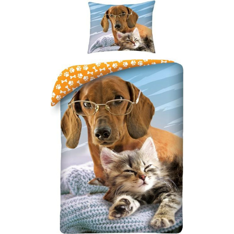 Kokvilnas gultasveļa 140x200 Dog Cat 6145 Taksis ar brillēm kaķēnu džemperis Kaķu un suņu draugu spilvendrāna 70x90