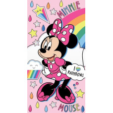 Pludmales dvielis 70x140 Mini Mouse 9797 Minnie Mouse Rainbows varavīksnes pilieni zvaigznes rozā kokvilna