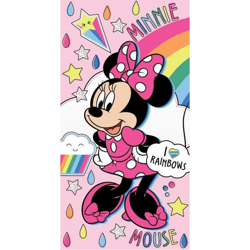 Pludmales dvielis 70x140 Mini Mouse 9797 Minnie Mouse Rainbows varavīksnes pilieni zvaigznes rozā kokvilna