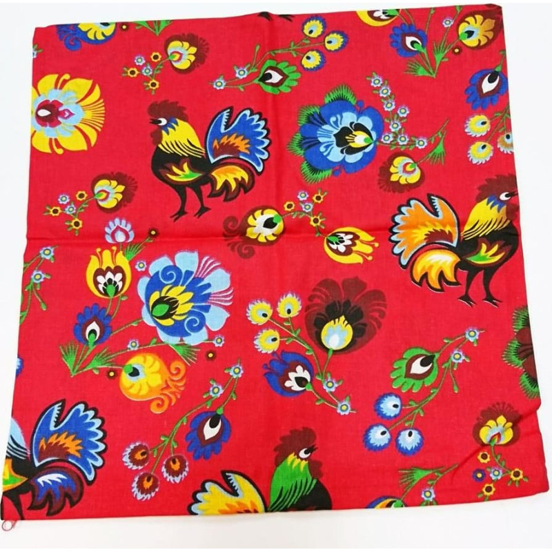 Kokvilnas spilvendrāna 40x40 Łowicz sarkani pelēki gaiļi, aizdarāmi ar rāvējslēdzēju