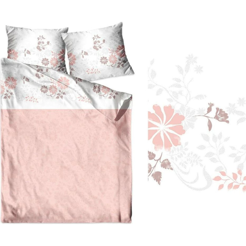 Satīna gultasveļa 140x200 Villa Como koraļļu balti ziedi