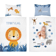 Kokvilnas gultas veļa 90x120 Lauva žirafe zilonis krokodils mērkaķis tīģeris dzīvnieki baltas zilas safari lapas 3315 B bērnu gultai 6306 spilvendrāna 40x60