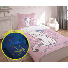 Tumsā mirdzoša gultasveļa 140x200 Sweet Cat kitty kaķēns kaķēns kaķis Labrīt Labrīt ziedi rozā balti 3350 A 7181 Fluo