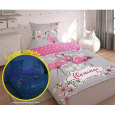 Tumsā mirdzoša gultasveļa 140x200 3362 A Flamingo ziedi polka punktiņi violeti rozā kokvilna