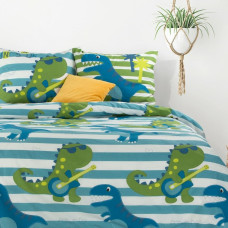 Kokvilnas gultas veļa 140x200 Kids 04 Dinozauri svītras zili zaļa jaunatne
