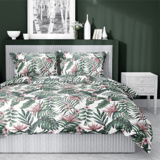 Satīna gultasveļa 220x200 3480 Zaļš rozā kastītē Lapu palmu ziedi Mode Satīna kokvilnas satīns