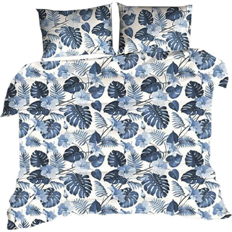 Kokvilnas gultasveļa 160x200 1888E, balta, monstera lapas, zilas palmas
