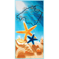 Pludmales dvielis 86x170 XXL Monica 23 Beach Starfish gliemežvāki karte mikrošķiedra 270g/m2 zili dzeltena peldēšanās