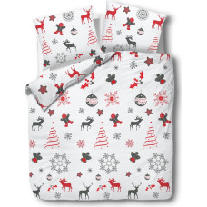 Flaneļa gultasveļa 140x200 Ziemassvētki 31481/1 balti pelēki sarkani nieciņi ziemeļbriežu sniegpārslas