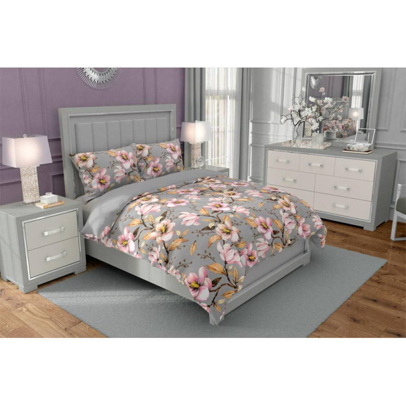 Kokvilnas gultas veļa 160x200 Eufloria 013 lieli ziedi pelēki abpusēji