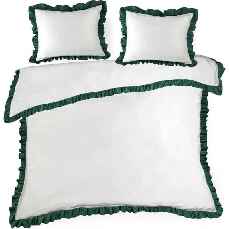 Satīna gultas veļa 160x200 Eliza balta un zaļa dekorēta ar volānu