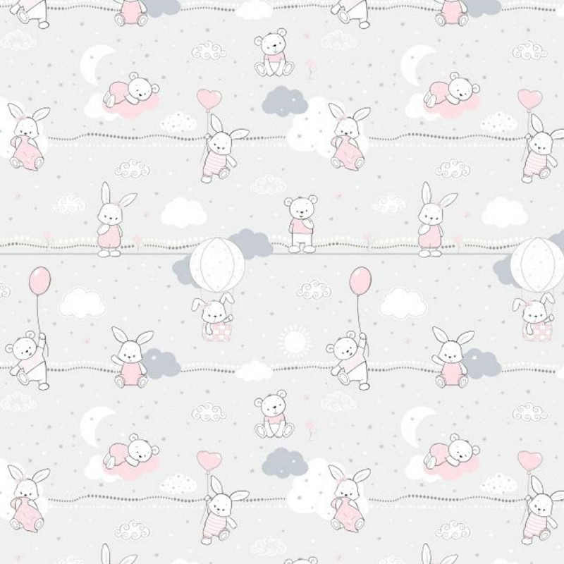 Kokvilnas gultas veļa 100x135 56K rotaļu lācīši zaķi pelēki rozā Bērni 24 ar spilvendrānu 40x60