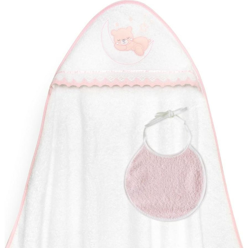 Interbaby Peldē&scaron;anās pārvalks 100x100 Lācītis uz mēness, rozā dvielis ar kapuci + priek&scaron;auti