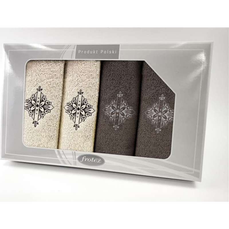 Dvieļu komplekts kastītē, 4 gab., krēmīgi brūns raksts, 6 Frotex