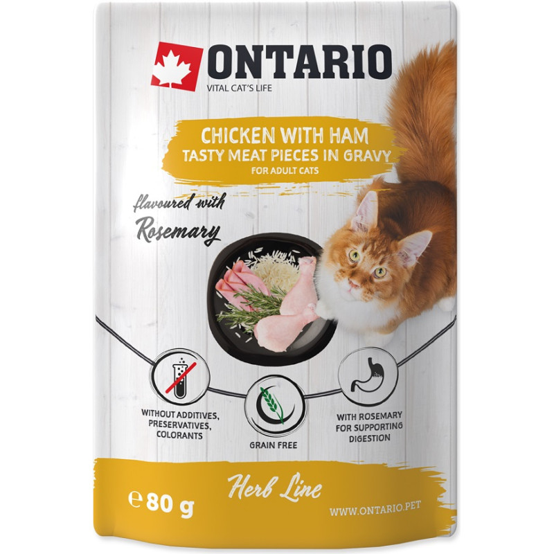 Ontario Konservi kaķiem – Ontario Herb Chicken with Ham, Rice and Rosemary, 80g