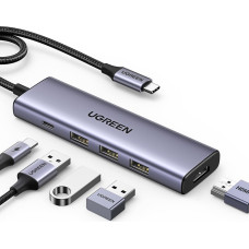 Ugreen 5in1 HUB adapteris USB-C — USB-C PD / HDMI / 3 x USB-A 3.0 — pelēks