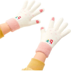 Women's winter telephone gloves with a snowman and a Christmas tree - white and pink