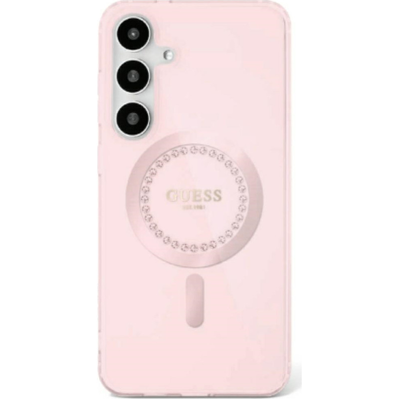 Etui Guess Rhinestones Printed Classic    Logo MagSafe Samsung Galaxy S25 różowy