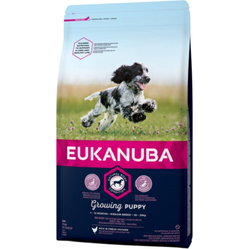 Eukanuba Sausa barība kucēniem - Eukanuba Puppy and Junior Medium Chicken, 3 kg