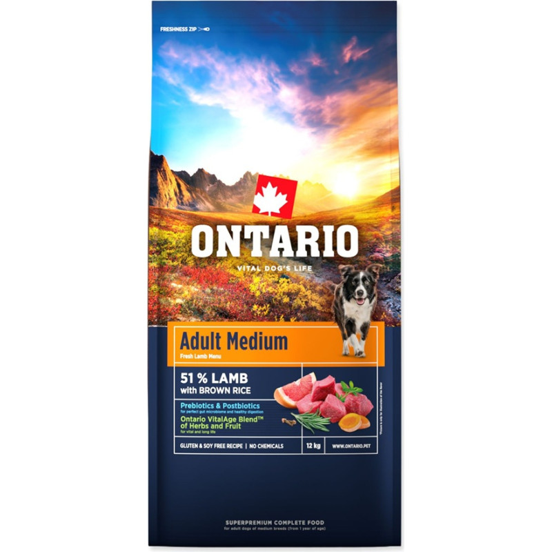 Ontario Sausa barība suņiem - Ontario Adult Medium Lamb and Brown Rice, 12 kg