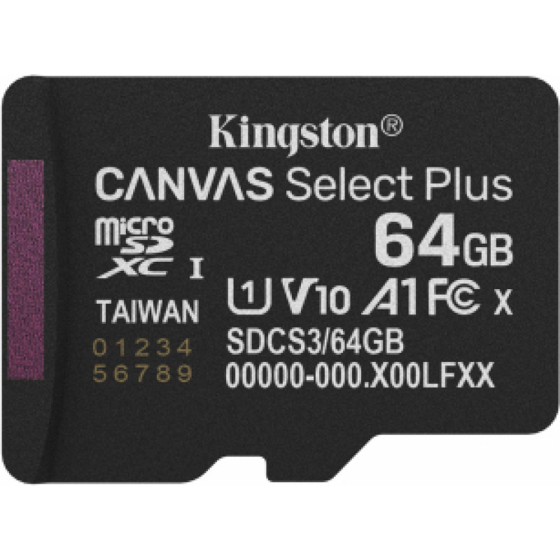 Atmiņas karte Kingston MicroSDXC 64GB Canvas Select Plus bez adaptera