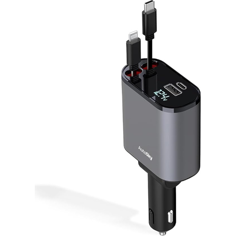 Autosky 4-in-1 Retractable Fast Charger  For Cars: 100W Car USB-C & iPhone Cable  USB-C|A