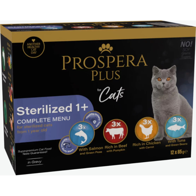 Prospera Plus Konservi kaķiem - Prospera Plus, Cat Pouch Sterilized 1+, Mix, 12 x 85 g