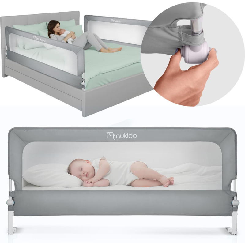 Nukido Dro&scaron;ības barjera gultai, dro&scaron;ības vārtiņi, slēdzene, 180 cm, NK-228, pelēka