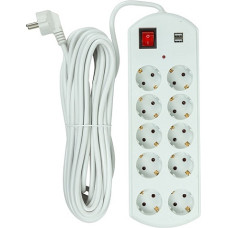 EXD Pagarinātājs 10m, 10 rozetes, 2x USB, ar slēdzi