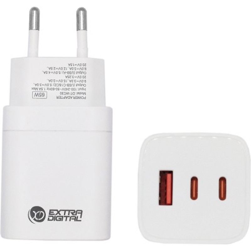 Extradigital Lādētājs EXTRA DIGITAL GaN 2x USB Type-C, USB Type-A: 65W, PPS