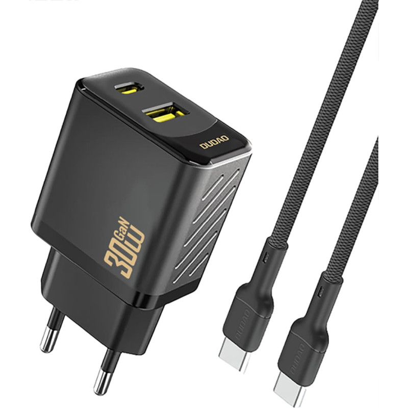 Dudao USB-A USB-C sienas lādētājs ar USB-C GaN PD 30W kabeli - melns