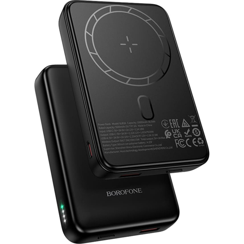 Borofone Power Bank 10000mAh BJ82A Dawn - USB + Typ C - PD 20W magnetic with induction charging black