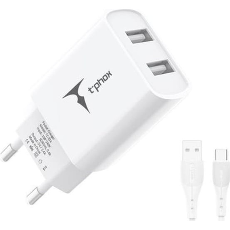 T-Phox WALL CHARGER POCKET SERIES 2xUSB TCC-224 12W + USB-C CABLE WHITE