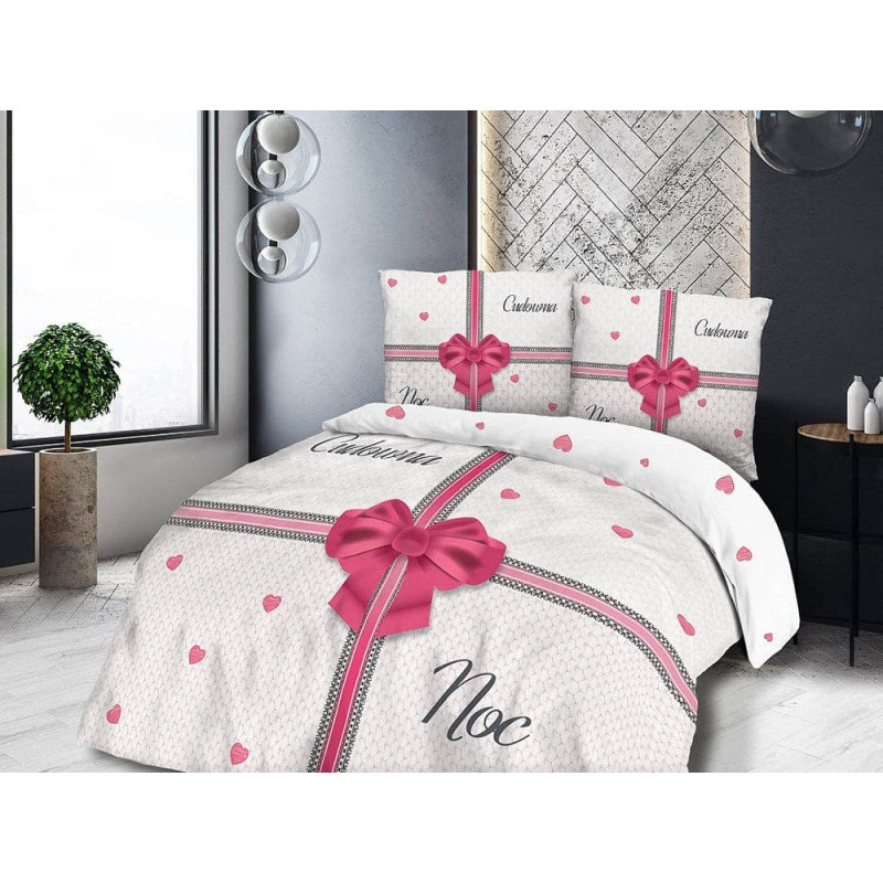 Kokvilnas gultas veļa 220x200 Brīnišķīga nakts sirds bantīte balta rozā sirsniņas 61475/1 Panelove 0781