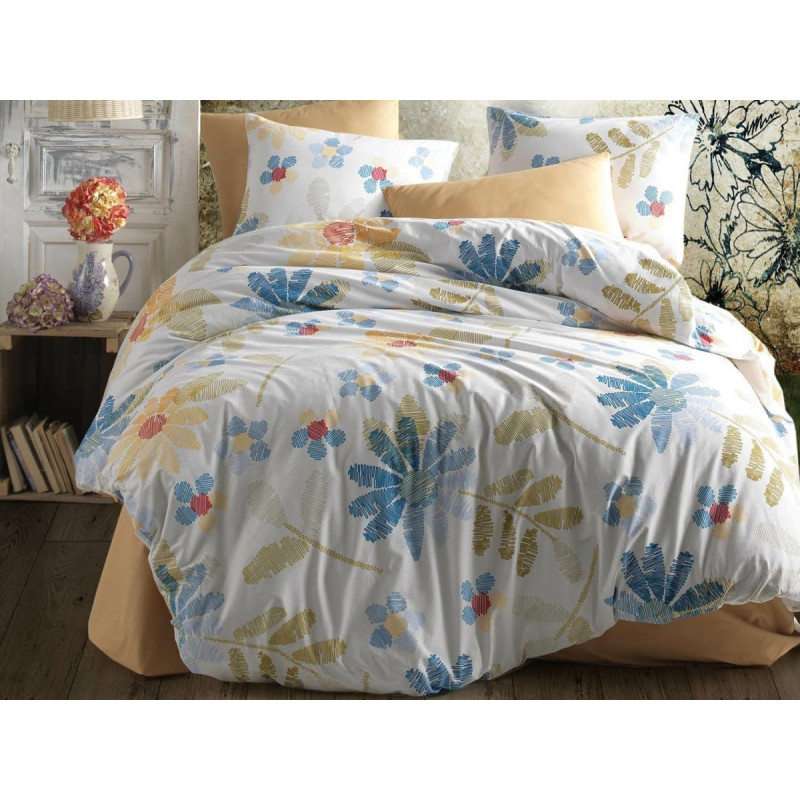Kokvilnas gultasveļa 200x220 Modern Flower balti zili zelta ziedi Cottonlove Exclusive