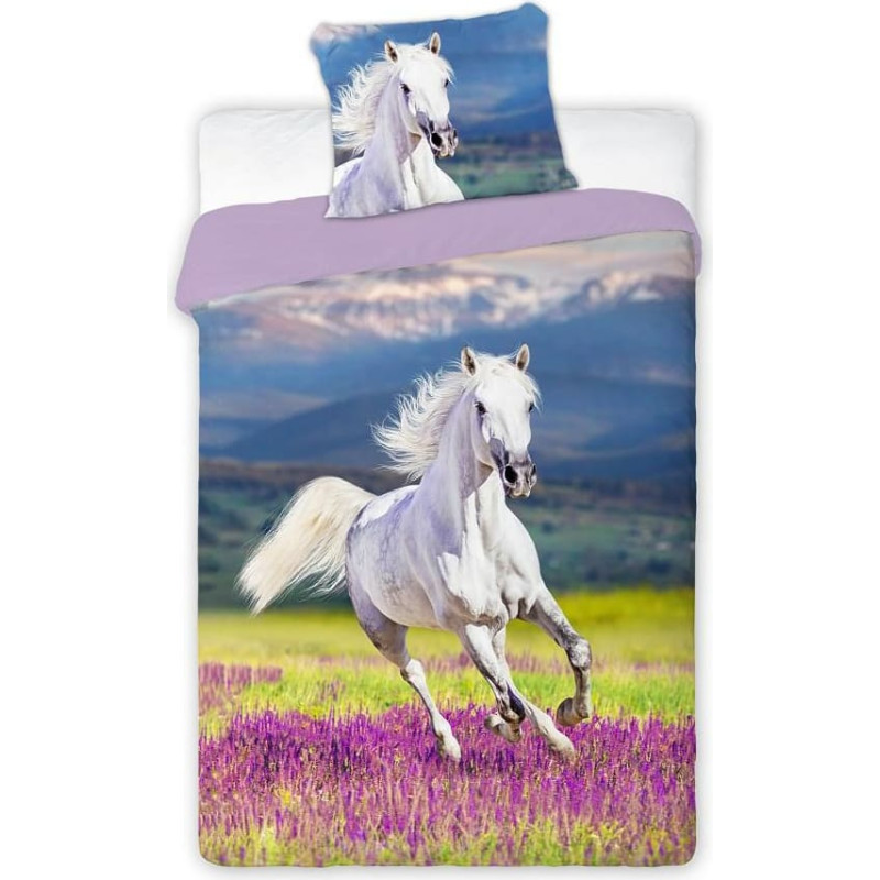 Kokvilnas gultas veļa 140x200 Wild Horse balts lavandas lauks 3156 Konik divpusēja jauniešu spilvendrāna 70x90