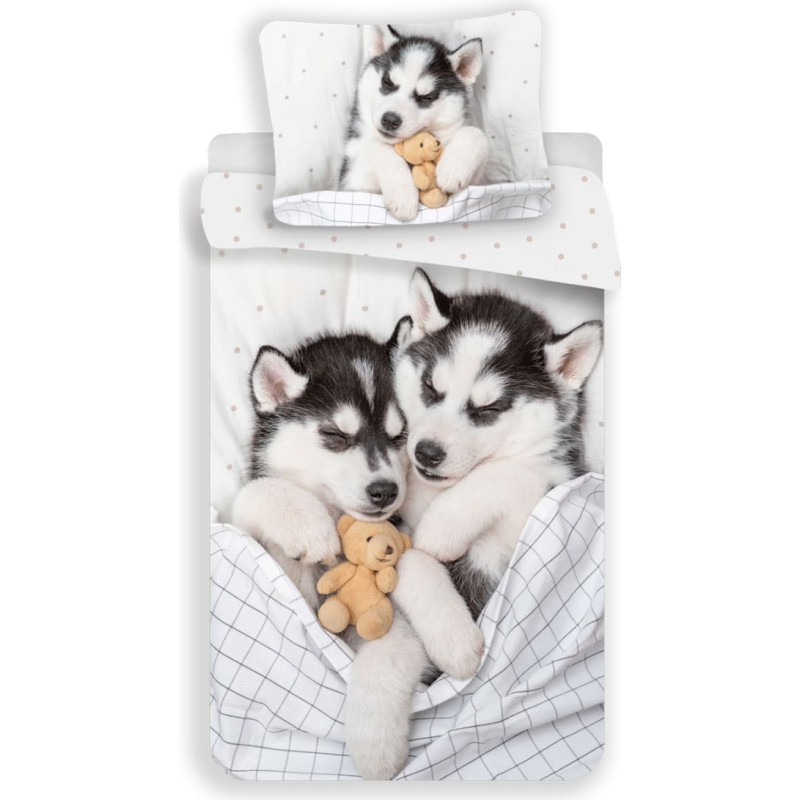 Kokvilnas gultas veļa 140x200 Suņi Husky suns 7592 spilvendrāna 70x90 jauniešu lācīša garausu suns