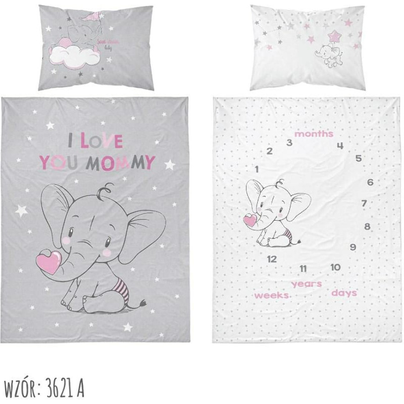 Kokvilnas gultas veļa 90x120 Elephant 3621 Un es esmu bijis tik daudzus gadus, mēnešus un dienas rozā pelēks bērniem 1