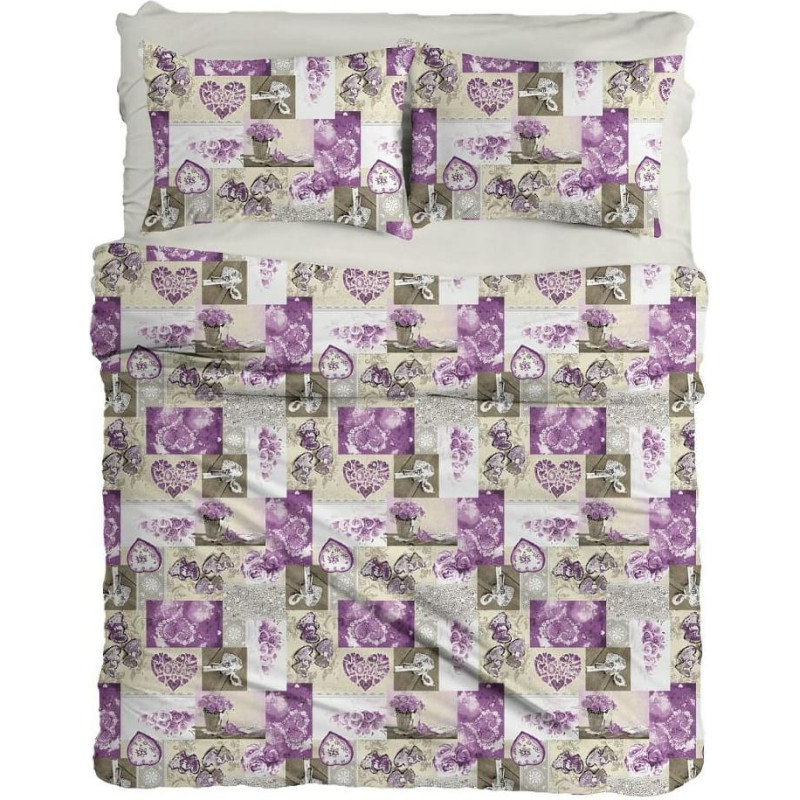 Satīna gultas veļa 220x200 violeta Valentīna dienas sirds plāksteris R19 deSatin 1 Ranforce