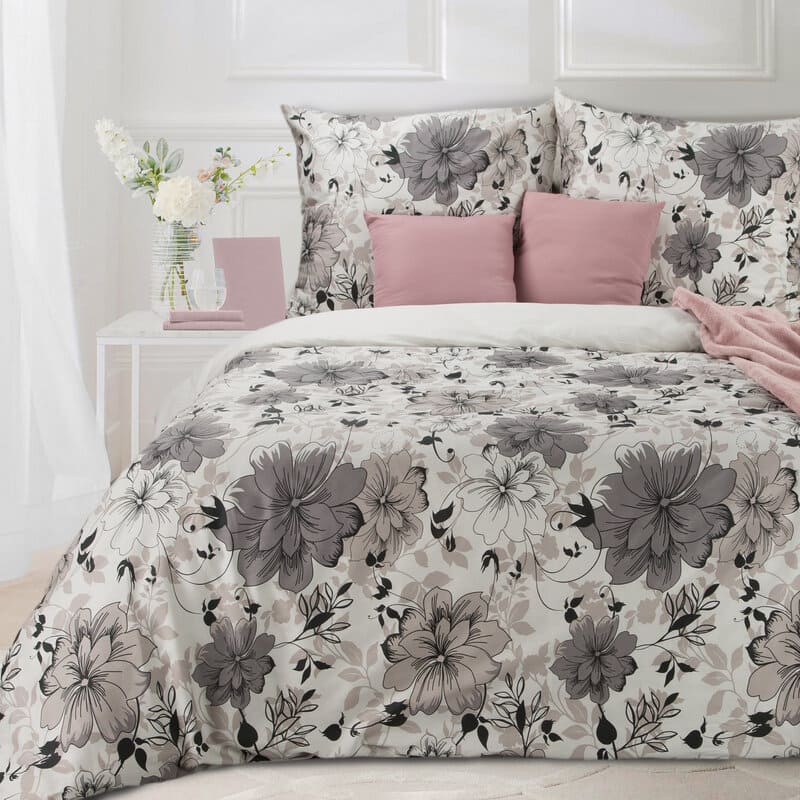 Satīna gultasveļa 160x200 Spring 09 Ziedi balti pelēki