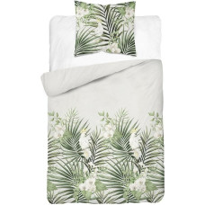 Satīna gultas veļa 140x200 pelēki zaļas lapas 4401 A ar vienu spilvendrānu Home Satin 122