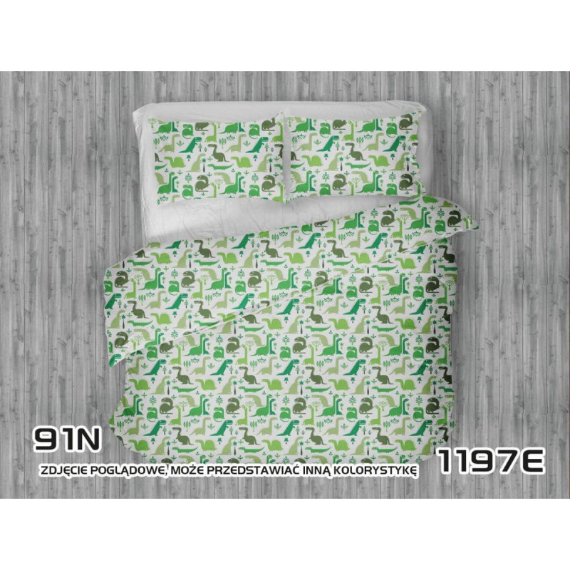 Kokvilnas gultas veļa 160x200 1197E balta Dinosaurs olīvzaļa