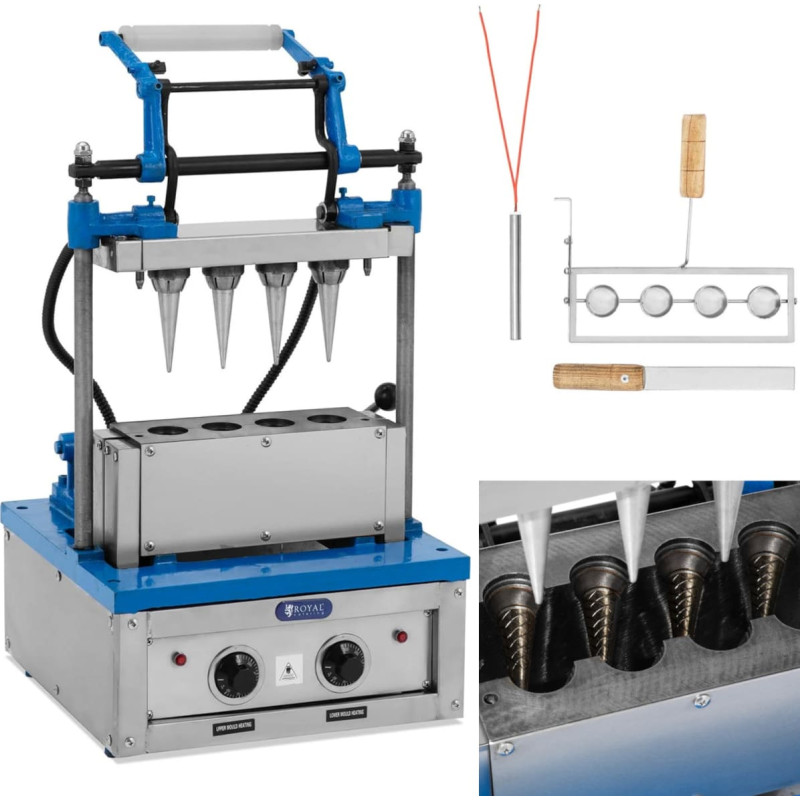 Royal Catering Vafeļu cepe&scaron;krāsns - ma&scaron;īna vafeļu un saldējuma čiekuriņu cep&scaron;anai, 100-120 vafeles/stundā. 47 x 112 mm