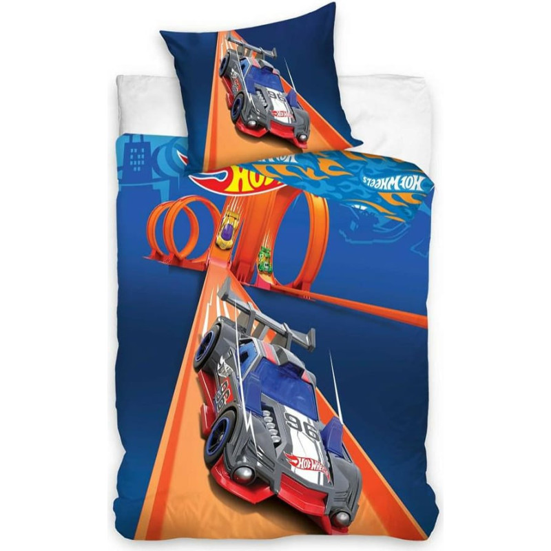 Kokvilnas gultas veļa 160x200 Hot Wheels automašīnas zili oranža spilvendrāna 70x80 C23