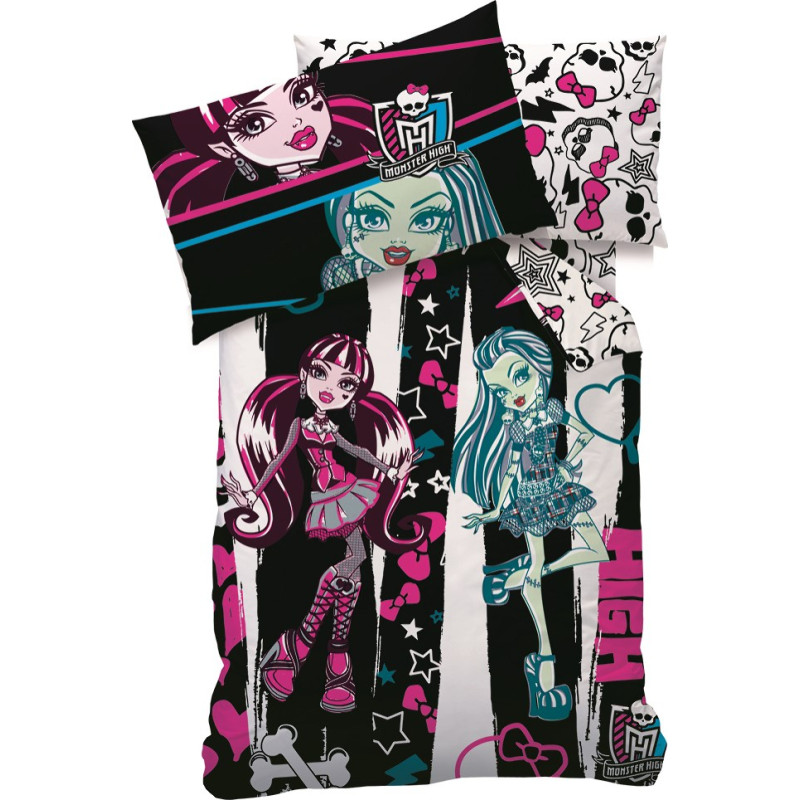 CTI Kokvilnas gultas veļa 160x200 Monster High 0062 melnbalta spilvendrāna 70x80