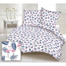 Kokvilnas gultas veļa 140x200 1658E balti flamingo rozā palmu lapas tumši zilas